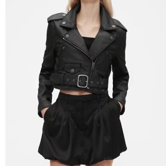 GapStudio Coated Denim Crop Moto Jacket - Picture 3 of 8